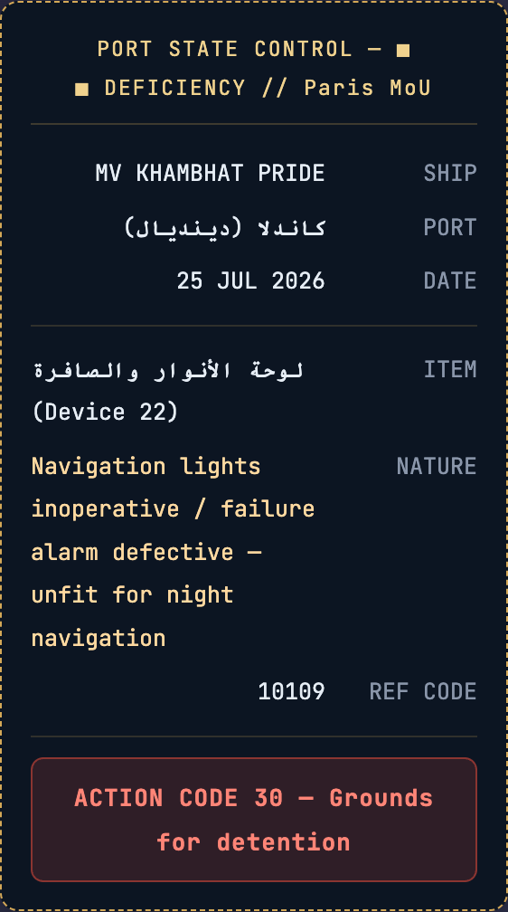 تذكرة قصور PSC حقيقية — Action Code 30 احتجاز